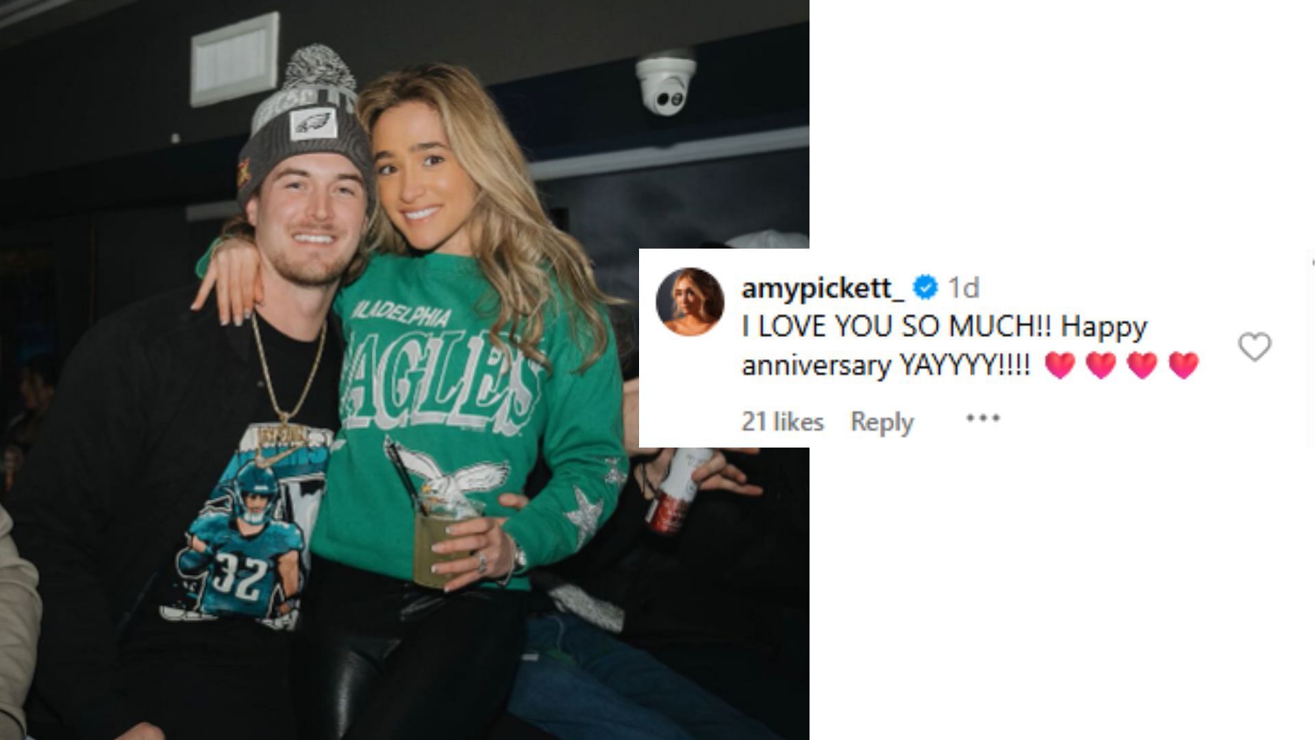 Amy Pickett commented on husband Kenny Pickett's Anniversary post on Instagram. (Photos via Kenny Pickett's Instagram)